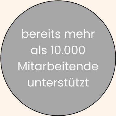 Graue runde Grafik mit Text: "bereits mehr als 10.000 Mitarbeitende unterstützt".