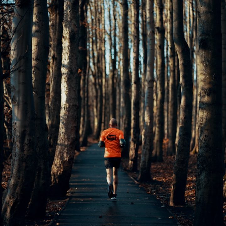 Läufer in orangeem Shirt auf einem Waldweg zwischen Bäumen.