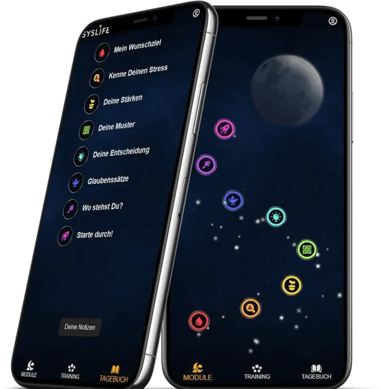 Zwei Smartphones mit der App Syslife zur Stressprävention und interaktiven Funktionen.