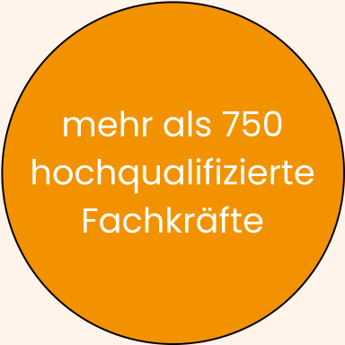 Orange Kreis mit weißem Text: "mehr als 750 hochqualifizierte Fachkräfte"