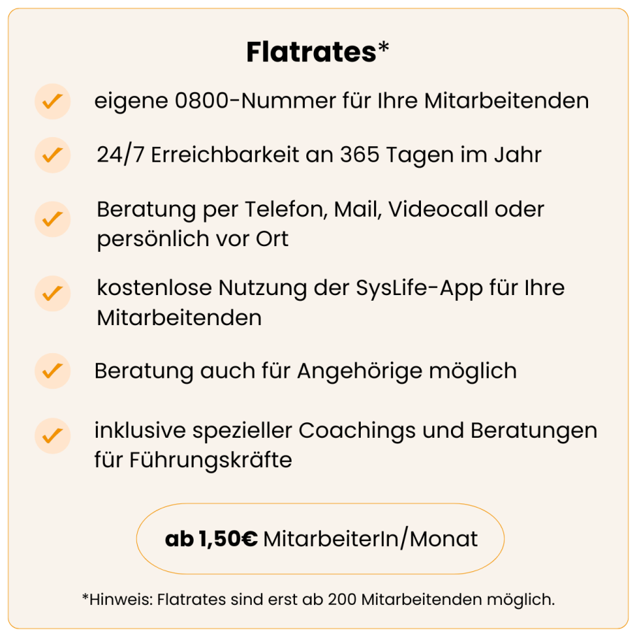 Flatrates für Mitarbeitende: 24/7 Erreichbarkeit, Beratungen und App-Nutzung. Ab 1,50 € monatlich.
