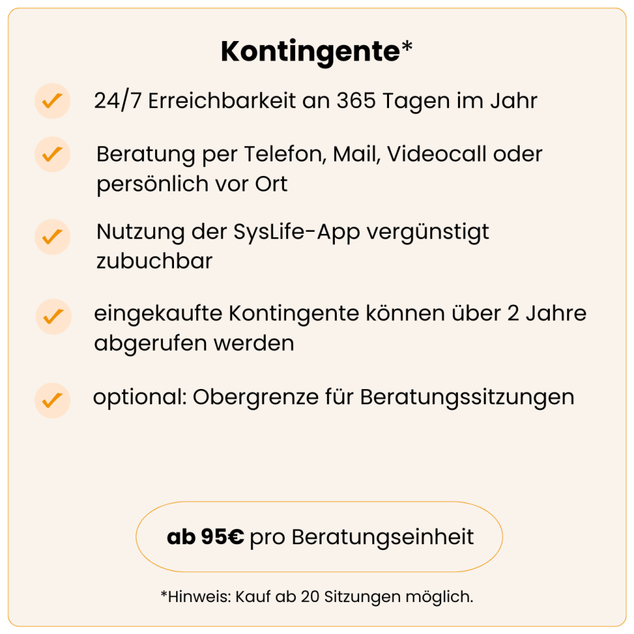 Kontingente für Beratungsangebote mit 24/7 Erreichbarkeit und App-Nutzung. Preisinformationen.